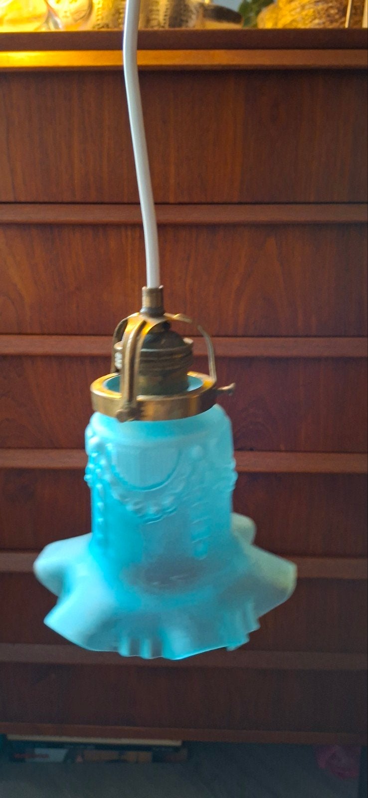 antiek vintage blauw glas  hanglampje, gaaf, messing fitting, Ophalen of Verzenden