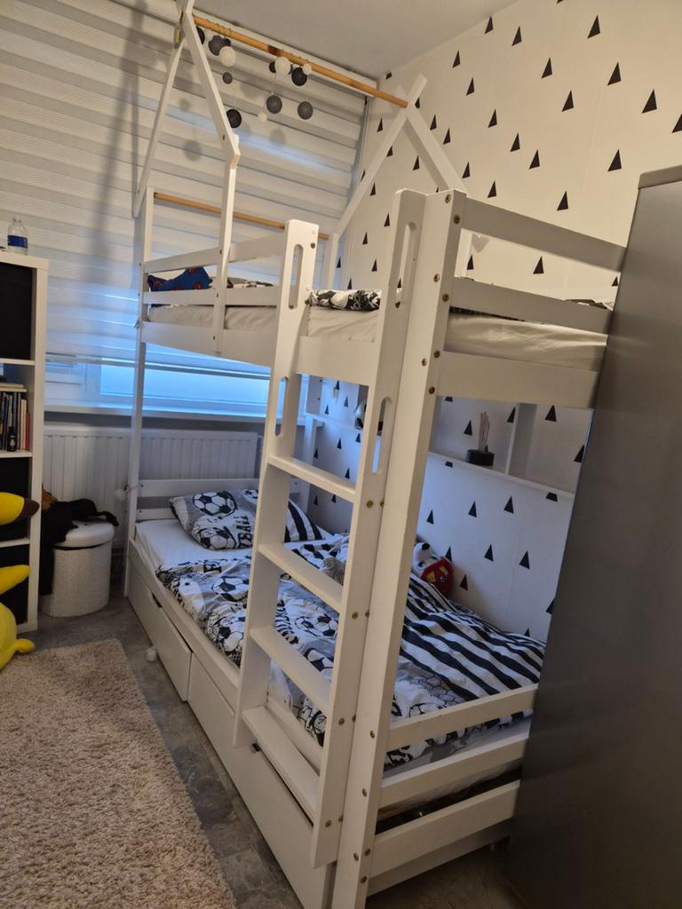 Stevig wit stapelbed met huisjesframe en lades, Ophalen, Gebruikt, 90 cm, Tweepersoons
