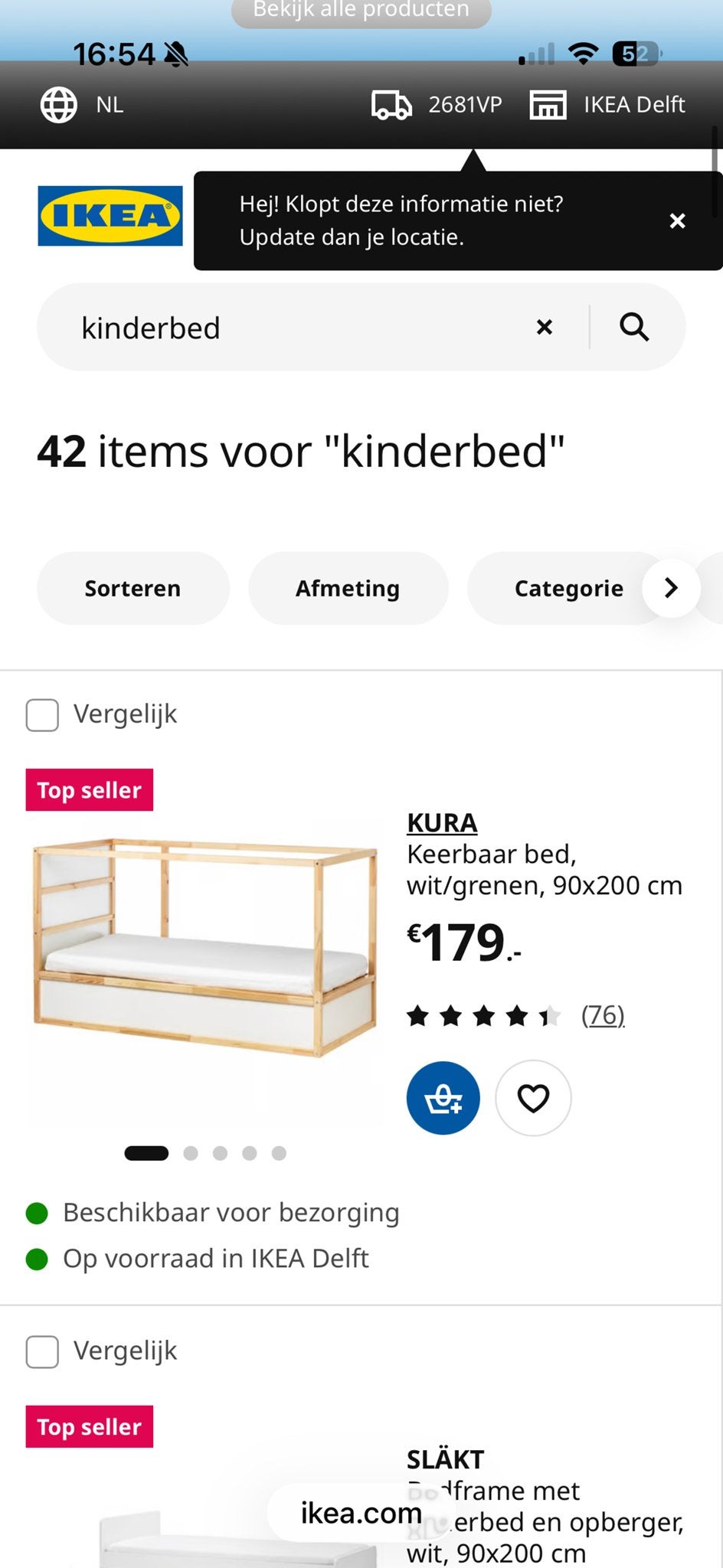 IKEA KURA omkeerbaar bed, wit/grenen, 90x200 cm, Ophalen, 85 tot 100 cm, Gebruikt, Hoogslaper of Stapelbed