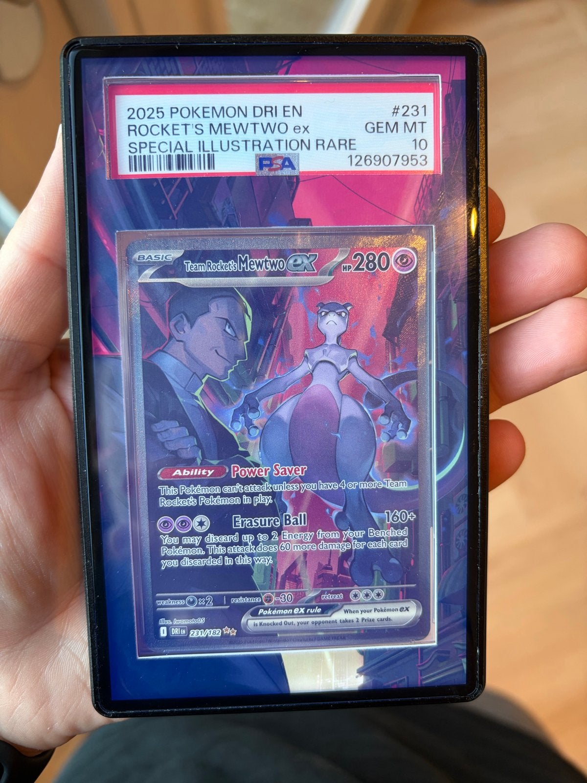 PSA 10 Rocket's Mewtwo ex  incl. Extended art acryl, Ophalen of Verzenden, Nieuw, Losse kaart, Foil