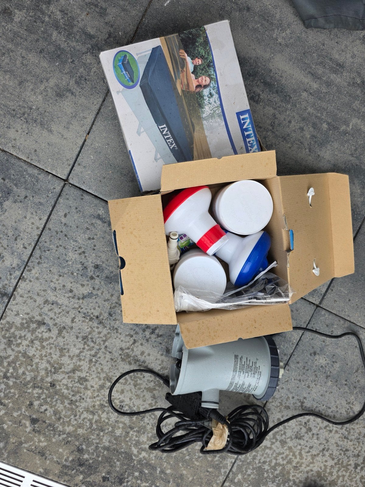 Intex, set voor opzetzwembad met filterpomp en waterbehandel, Ophalen, Gebruikt, Opzetzwembad, Rechthoekig