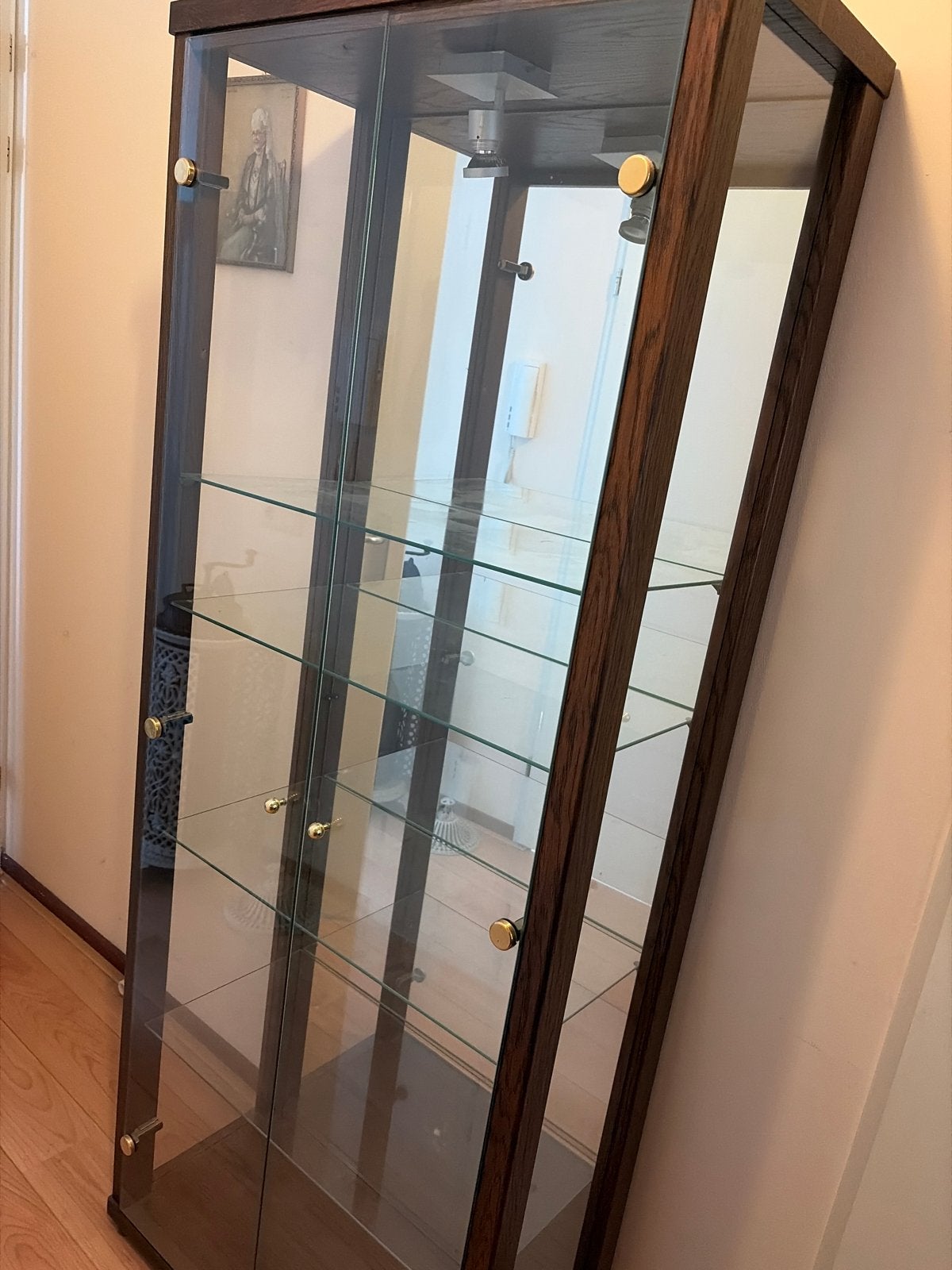 Glazen vitrinekast met houten frame en verlichting, Ophalen, 50 tot 100 cm, Zo goed als nieuw, 150 tot 200 cm