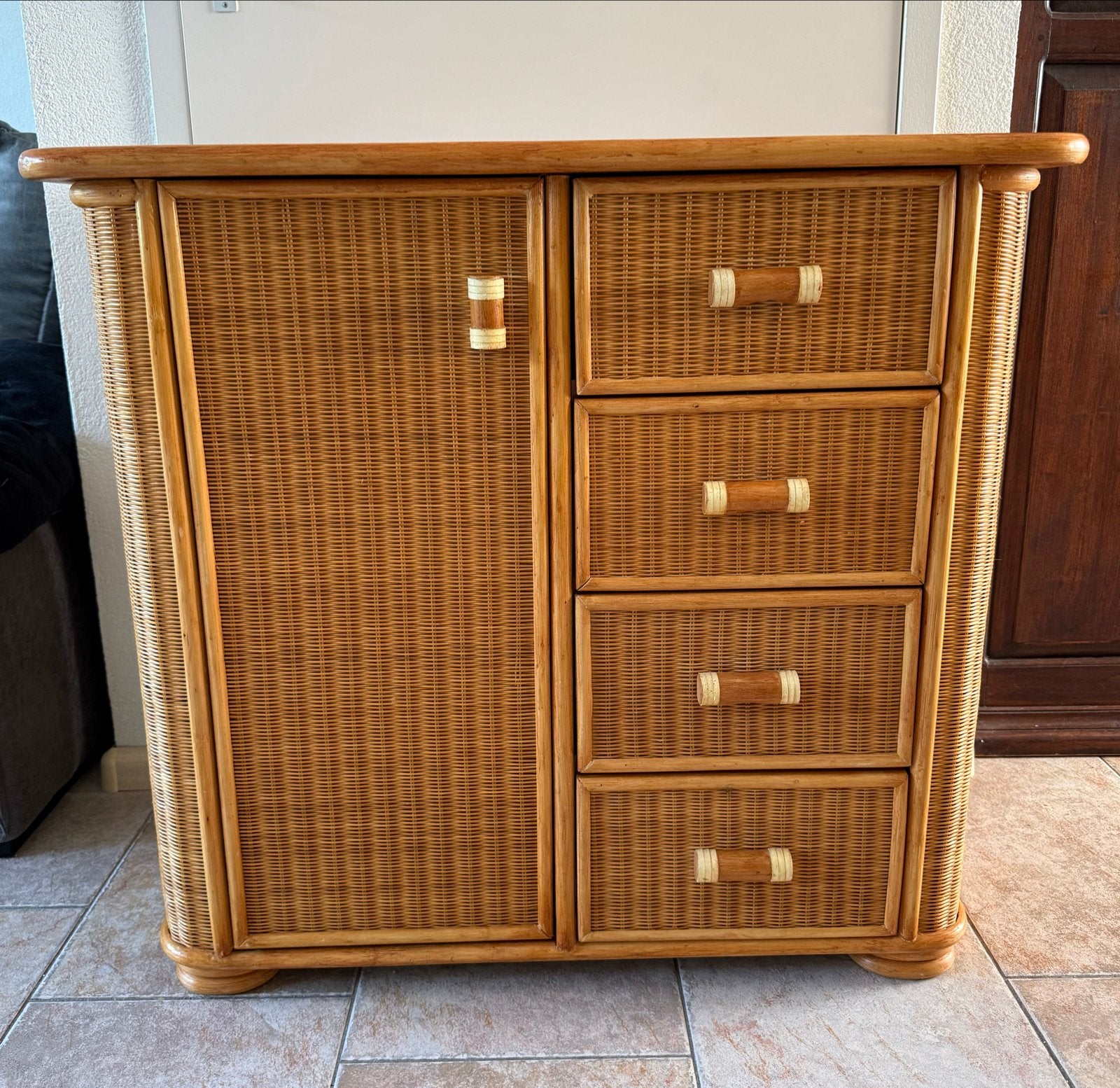 Vintage Rotan & Bamboe Opbergkast met Lades en Deur, Huis en Inrichting, Kasten | Overige, Ophalen of Verzenden, Gebruikt
