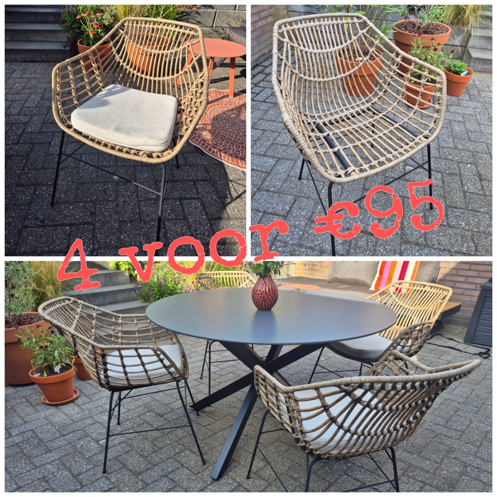 4x Tuinstoel Ilderhuse, polyrotan/ zwart staal, Tuin en Terras, Tuinsets en Loungesets, Ophalen, Gebruikt, Overige materialen