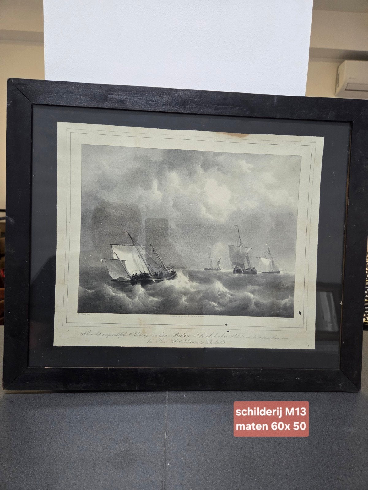 Antieke Maritieme Prent: Schepen op woelige zee, Antiek en Kunst, Kunst | Schilderijen | Klassiek, Ophalen, Maritiem / water, Klassiek