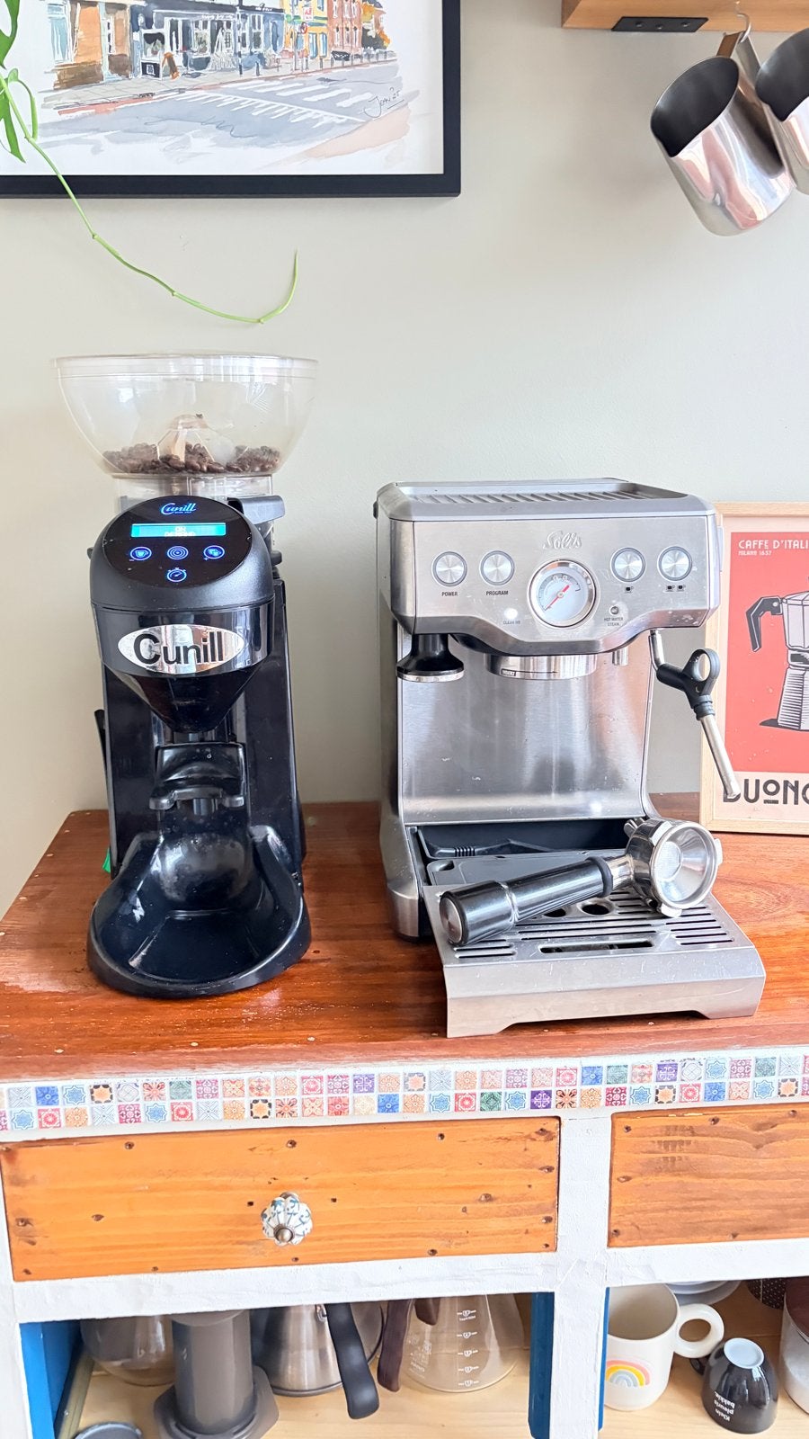 Solís Barista espressomachine & Cunill koffiemolen, Gebruikt, Espresso apparaat, Koffiebonen, 1 kopje