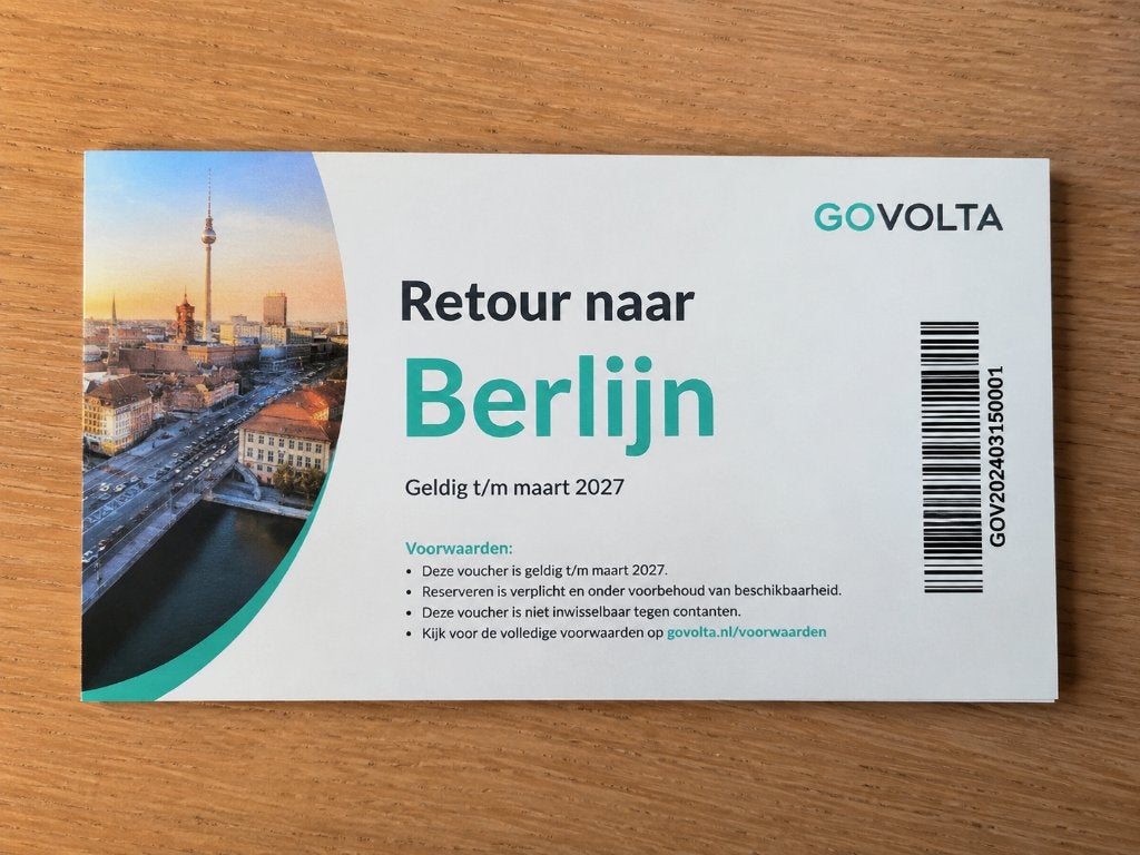 GoVolta treinretour Berlijn | 1 persoon | t/m maart 2027, Eén persoon, Trein, Buitenland, Met bestemming of datum