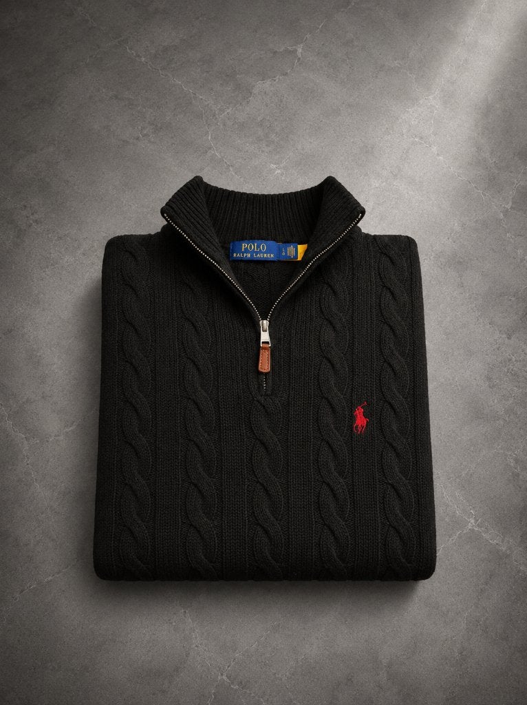 Polo Ralph Lauren Kabeltrui Quarter Zip Zwart Wol Maat L, Maat 52/54 (L), Zwart, Ralph Lauren, Ophalen of Verzenden