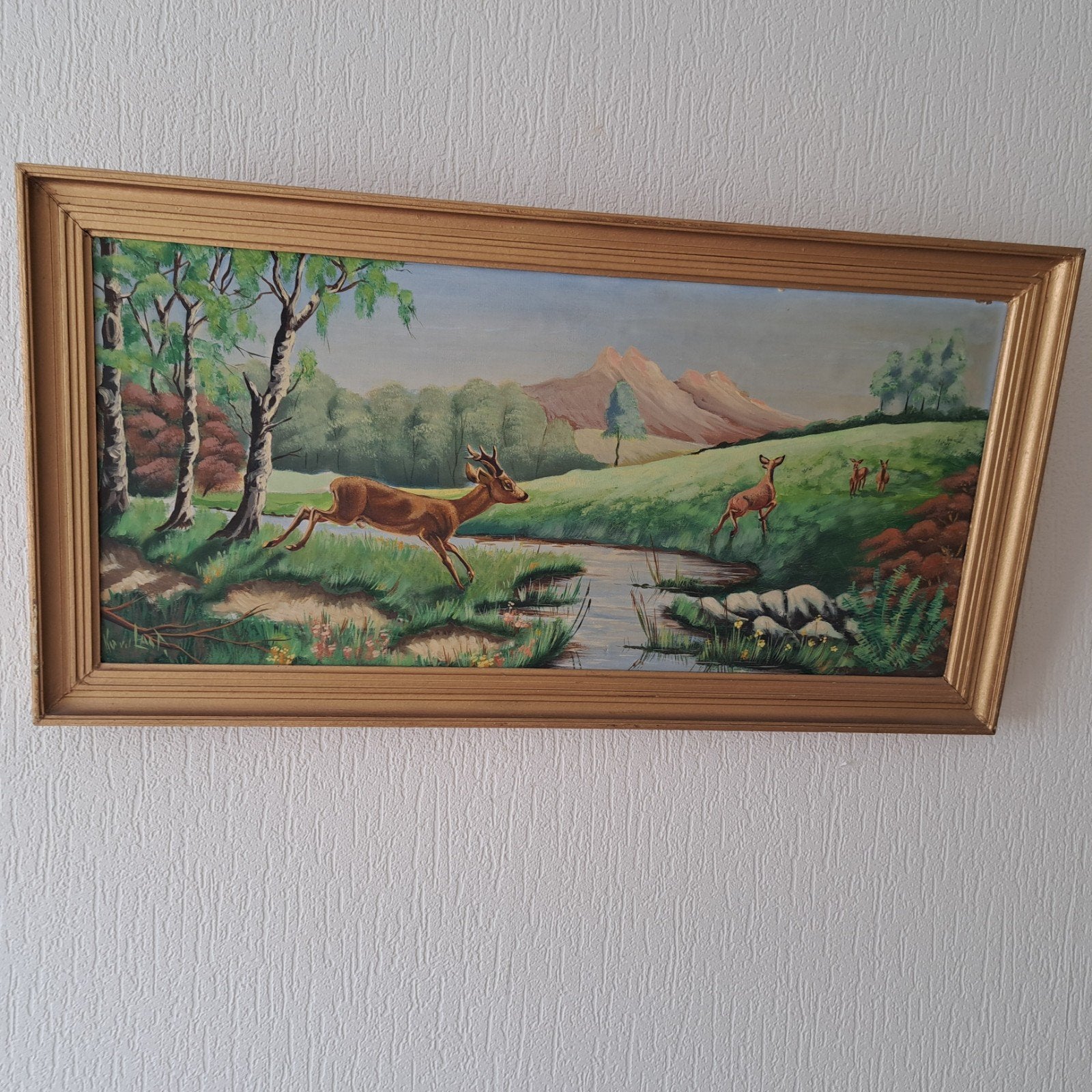 Vintage Schilderij: Herten in Landschap retro, Ophalen, Doek, Dieren, Olieverf