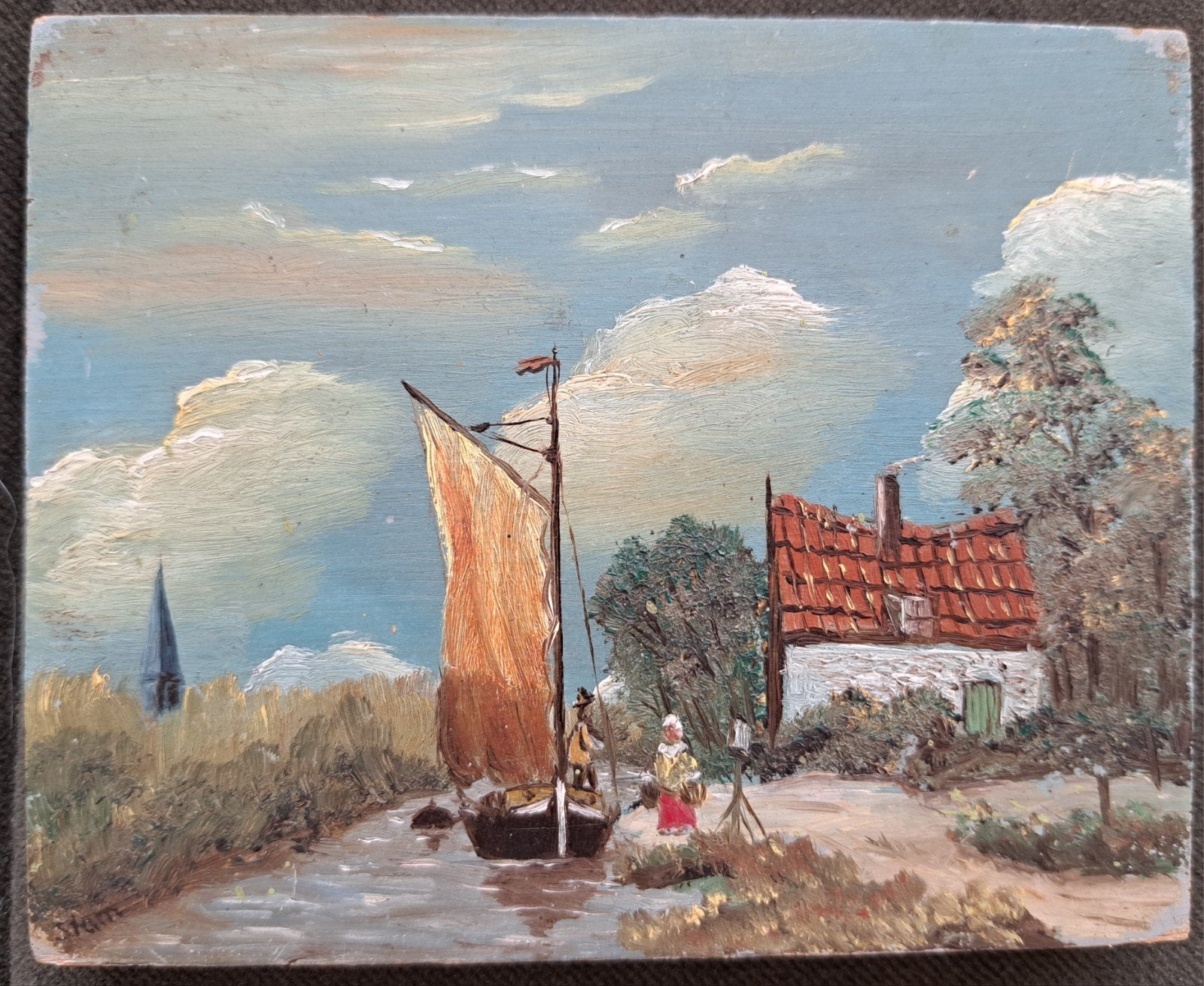 Olieverf op paneel-Jacomine Stam-Hollands riviergezicht, Ophalen of Verzenden