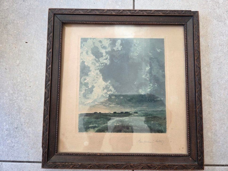Antieke kleurets/litho "Vor dem Gewitter" – H. Kauffmann, Gesigneerd, 1800 - 1899, Ets, Ophalen of Verzenden