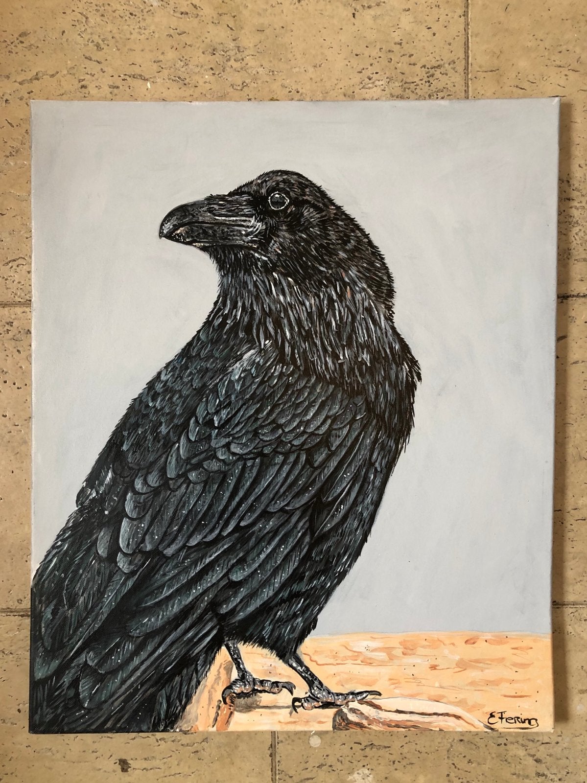 Schilderij van een raaf, 40-50 cm, acrylverf, Acrylverf, Doek, Realistisch, Dieren
