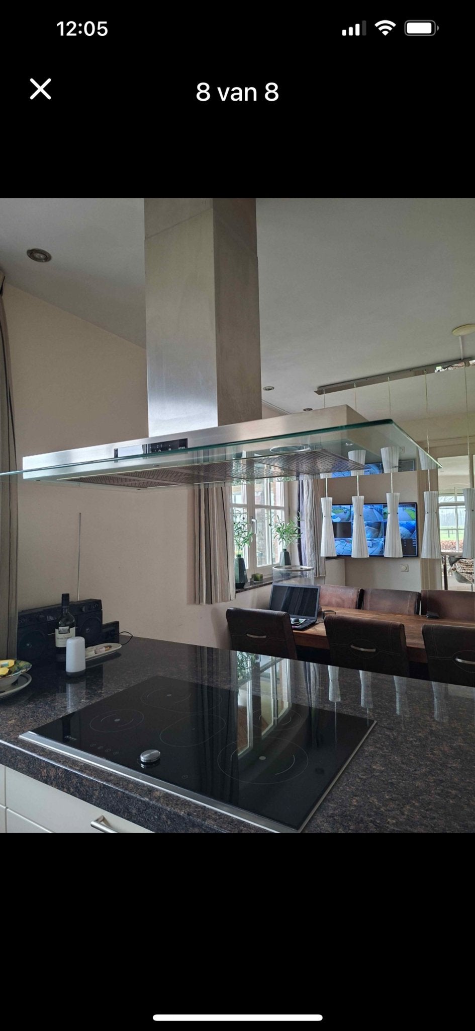 Grote RVS kookeiland afzuigkap 1200mm met glas, Ophalen, Zo goed als nieuw, Vrijstaand, 600 tot 800 m³ per uur
