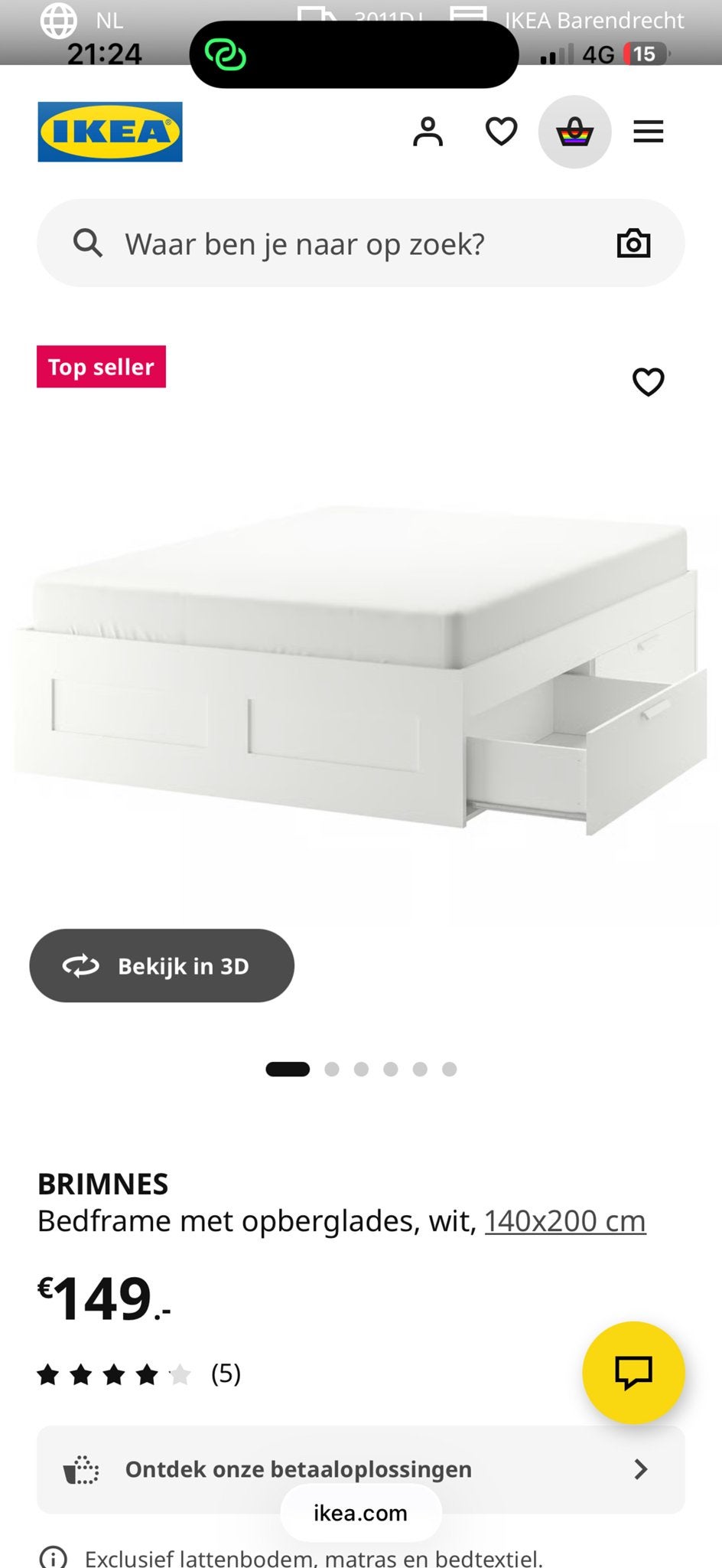 IKEA BRIMNES bedframe met opberglades en matras, Ophalen, Wit, Tweepersoons, 140 cm