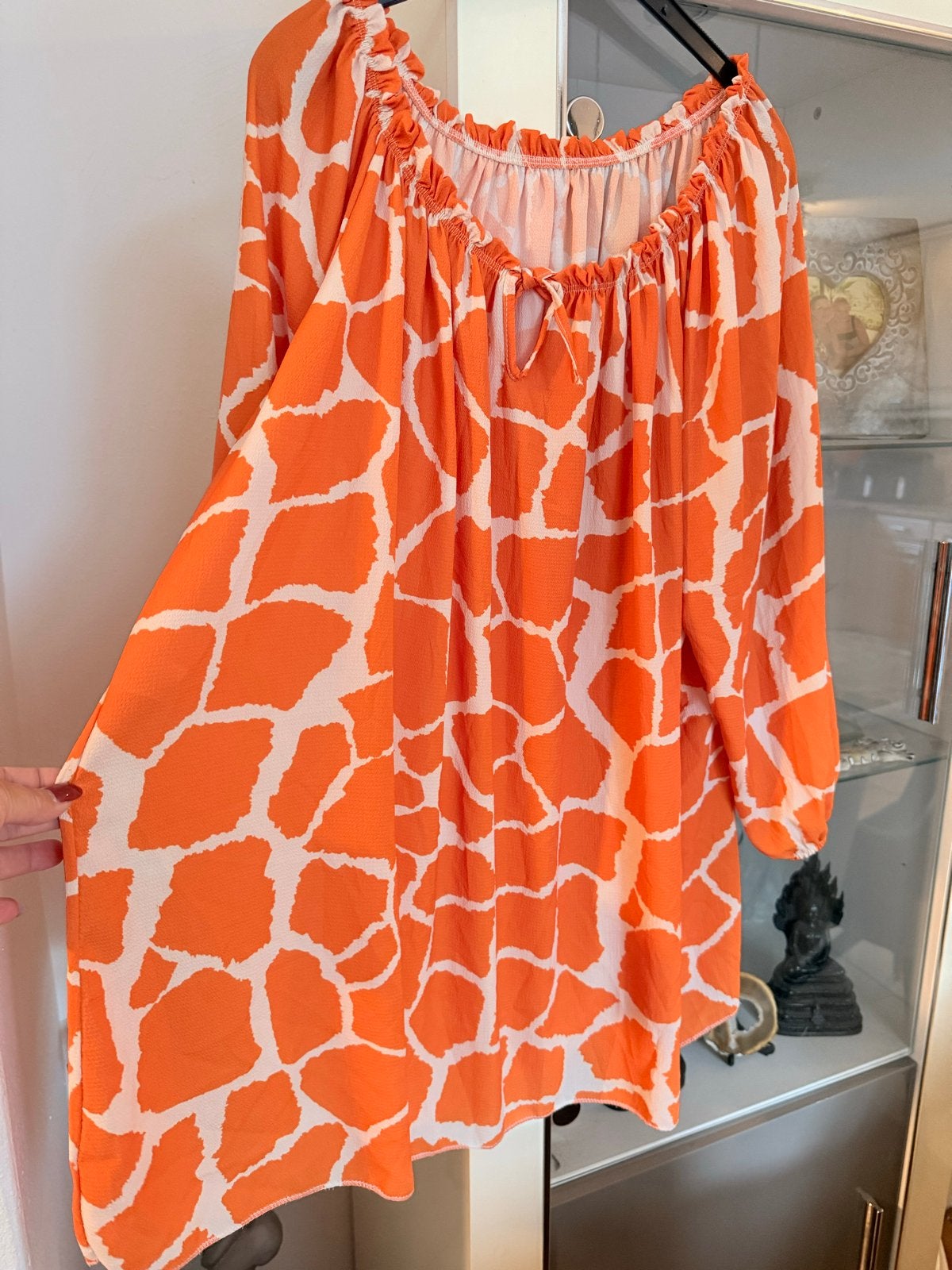 Oranje/creme tuniek met dierenprint, maat 52, Ophalen of Verzenden, Zo goed als nieuw, Oranje, Blouse of Tuniek