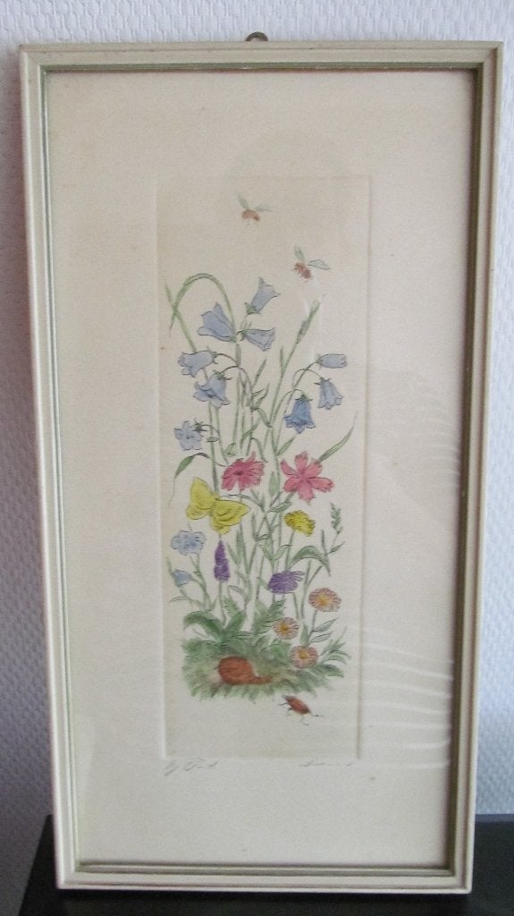 Vintage Ingekleurde ets jaren 50-60  Holm, Ophalen, 19 cm, Gesigneerd, Flora en Fauna