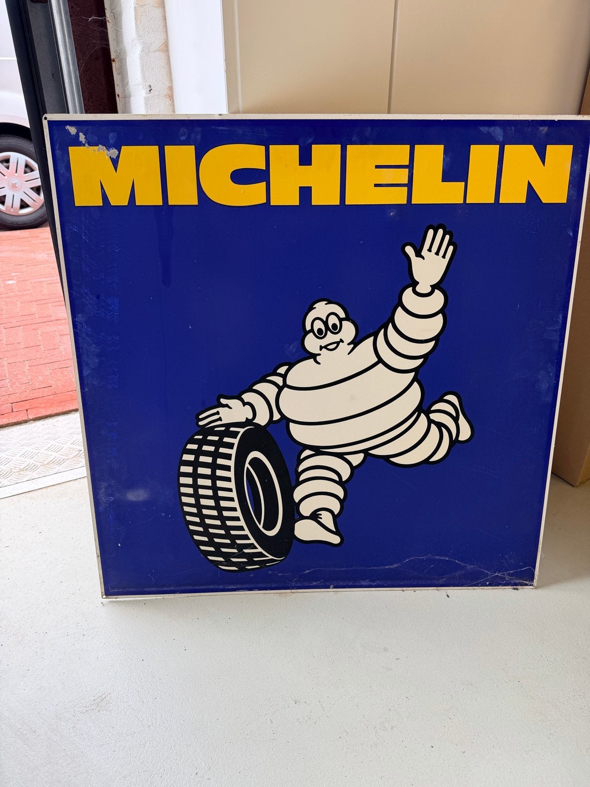 Vintage Michelin Reclamebord - Bibendum - 80x80 cm, Verzamelen, Merken en Reclamevoorwerpen, Ophalen, Gebruikt, Reclamebord