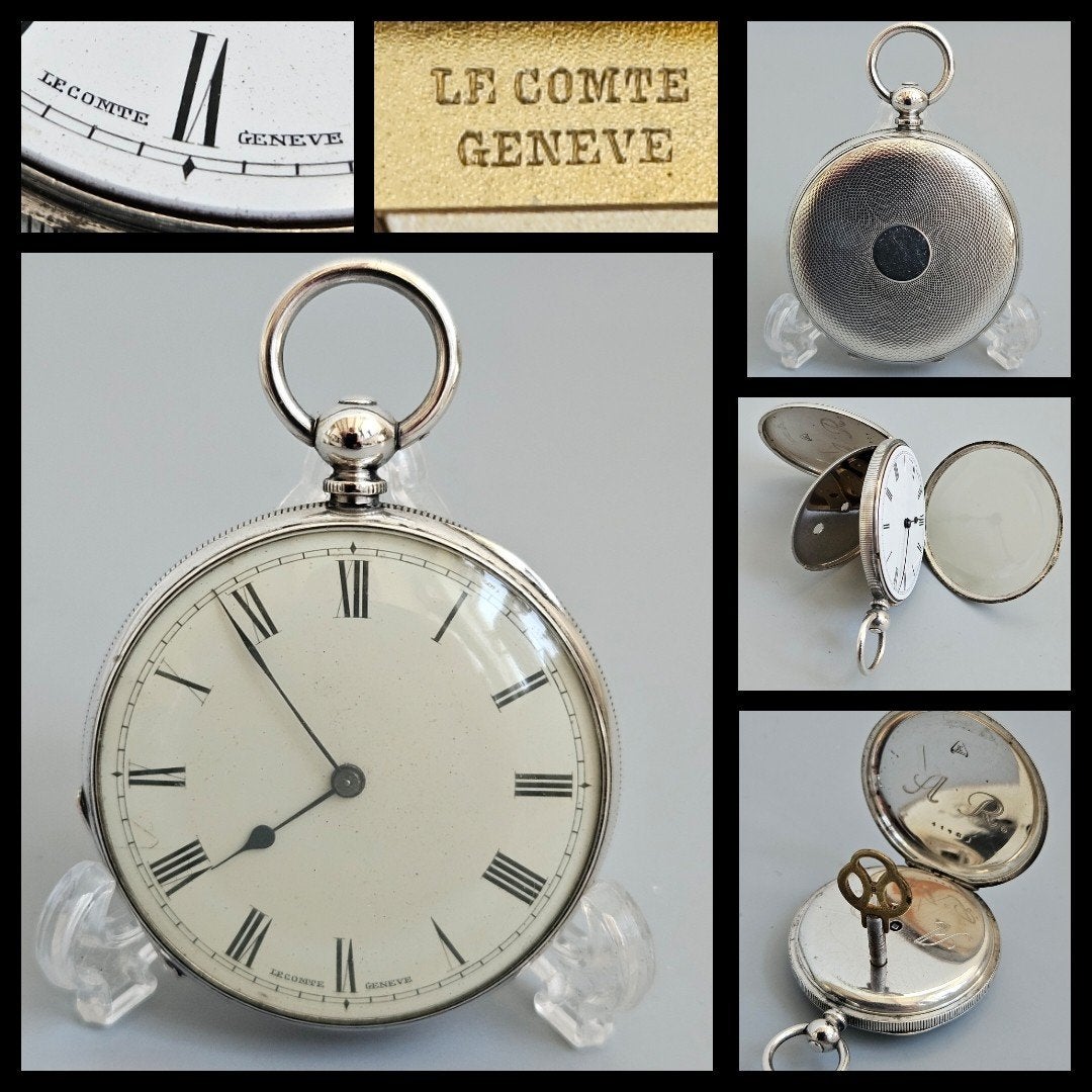 Antiek zilver zakhorloge, Le Comte Genève.  Sleutelopwinding, Ophalen of Verzenden, Zilver