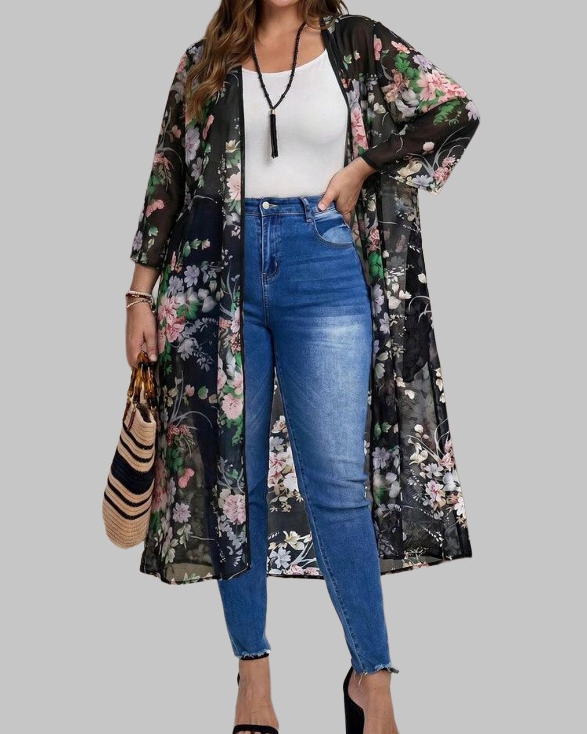 Lange bloemen kimono vest - Zwart (46-54), Verzenden, Nieuw, Zwart, Trui of Vest