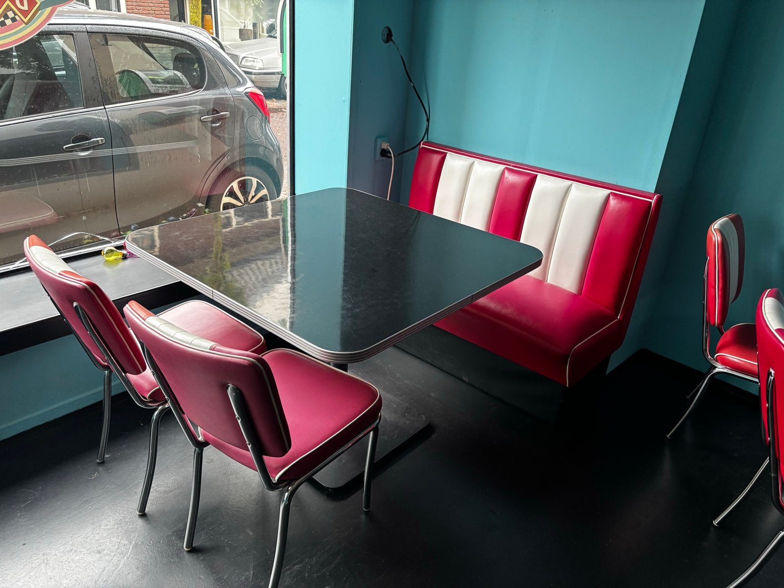 Vintage Diner Bankstel met Stoelen - Zonverkleuring, Ophalen, Kunststof, Gebruikt, Rechte bank