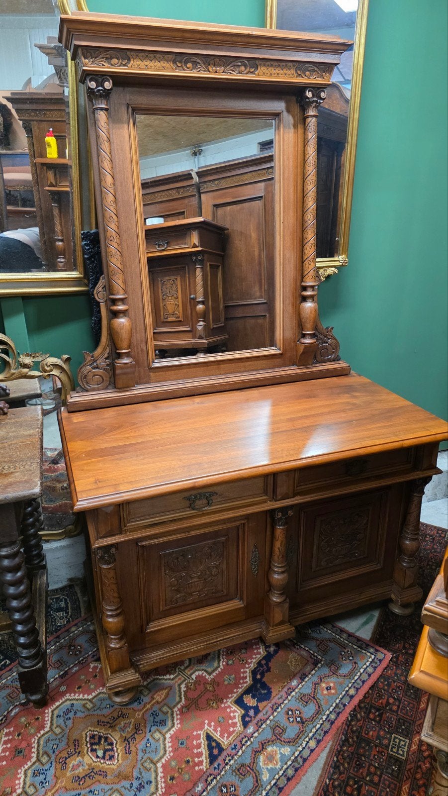 Antieke notenhouten Hongaarse commode met spiegel, Ophalen, Rechthoekig