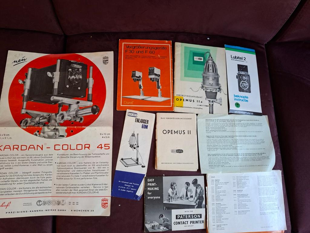 Oude folders vergroters. Linhof, Durst, Opemus., Ophalen of Verzenden