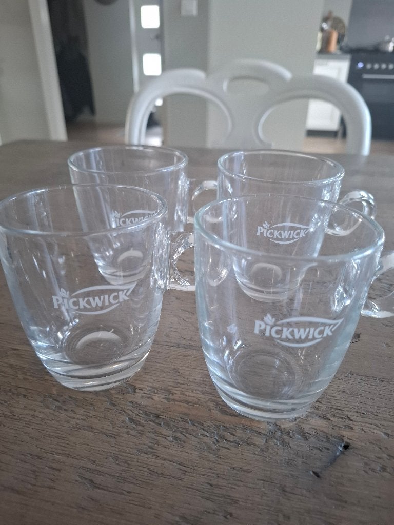 4 Pickwick theeglazen met oor – transparant, Glas of Glazen, Gebruikt, Ophalen of Verzenden, Glas
