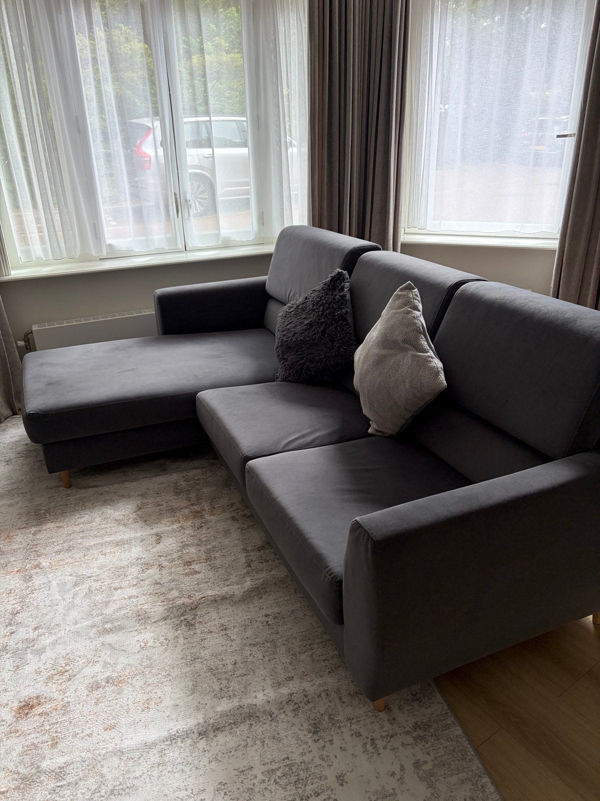 IKEA SLATORP 3-zitsbank met chaise longue Hakebo donkergrijs, Ophalen, 125 tot 150 cm, Driepersoons, Zo goed als nieuw