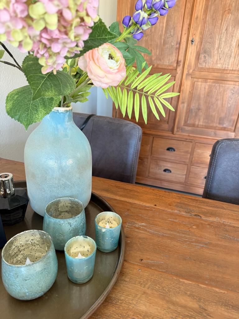 Mooie vaas met theelichten van Leuk en Rivièra Maison, Ophalen, Zo goed als nieuw, Blauw, Glas