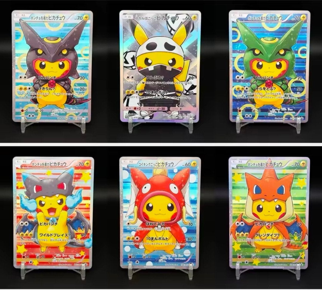 Set van 6 Pokémon Pikachu Cosplay Promokaarten poncho, Ophalen of Verzenden, Nieuw, Meerdere kaarten, Foil