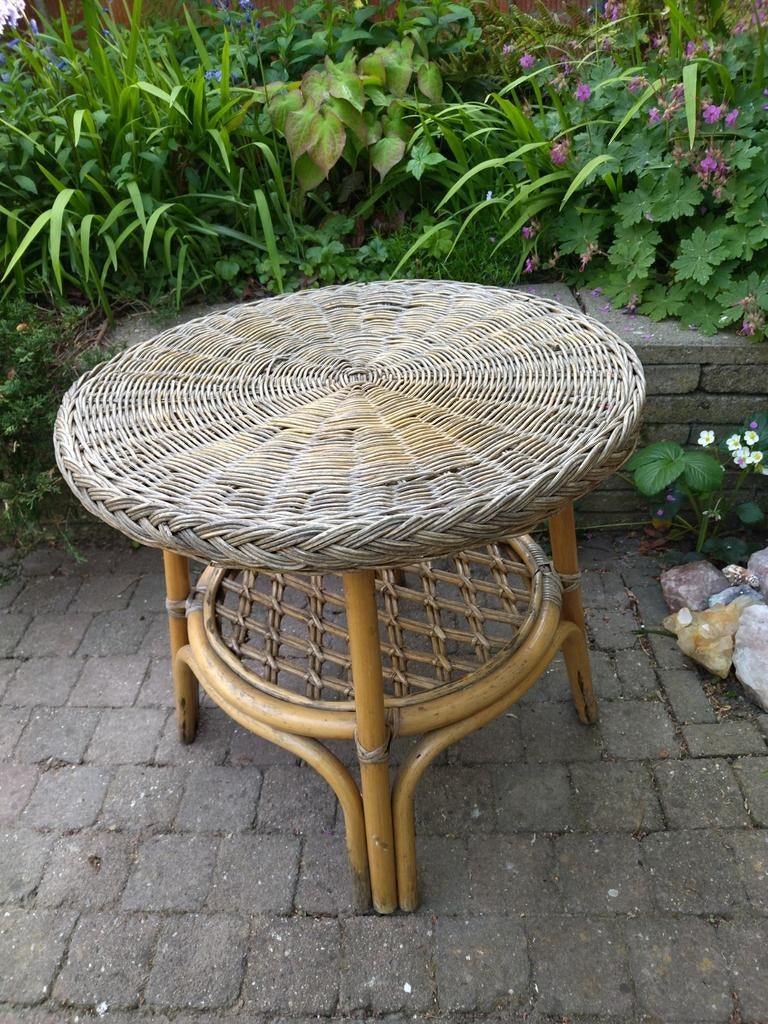 Vintage Boho rotan ronde salontafel / tuintafel rond, Tuin en Terras, Ophalen, Gebruikt, Rond, Hout