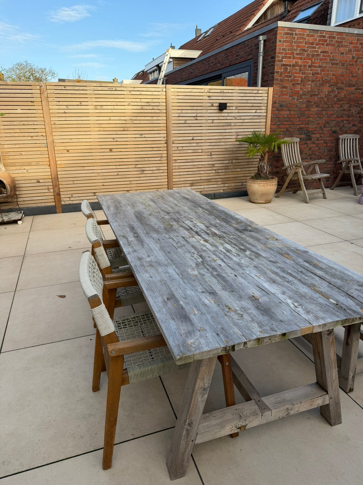 Tafel met bank en 3 stoelen, Ophalen, Zo goed als nieuw, Teakhout, Bank