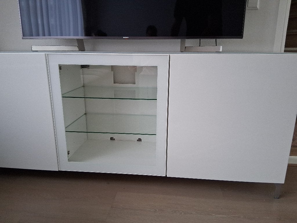 Tv meubel wit hoogglans, Ophalen, Glas, 150 tot 200 cm, Zo goed als nieuw