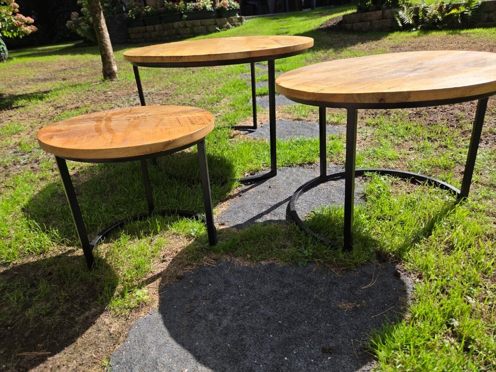 Set van 3 ronde bijzettafels van mangohout, Huis en Inrichting, Ophalen, Gebruikt