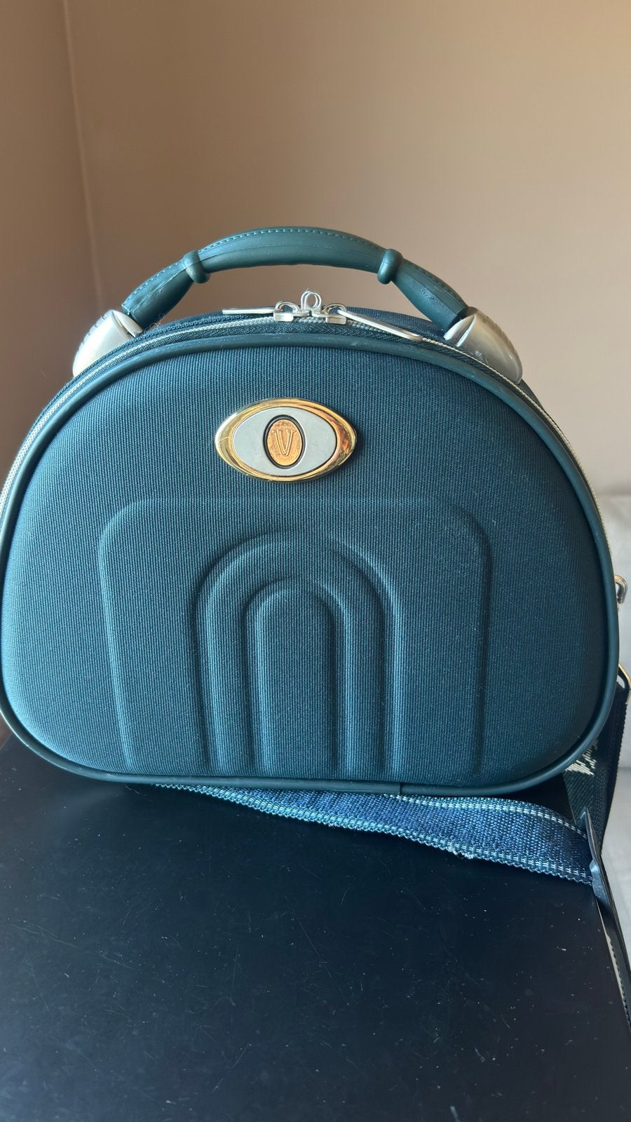 Vintage Toilettas/Beautycase - Donkergroen, Sieraden, Tassen en Uiterlijk, Gebruikt, Ophalen of Verzenden, Met spiegeltje(s), Hardcase