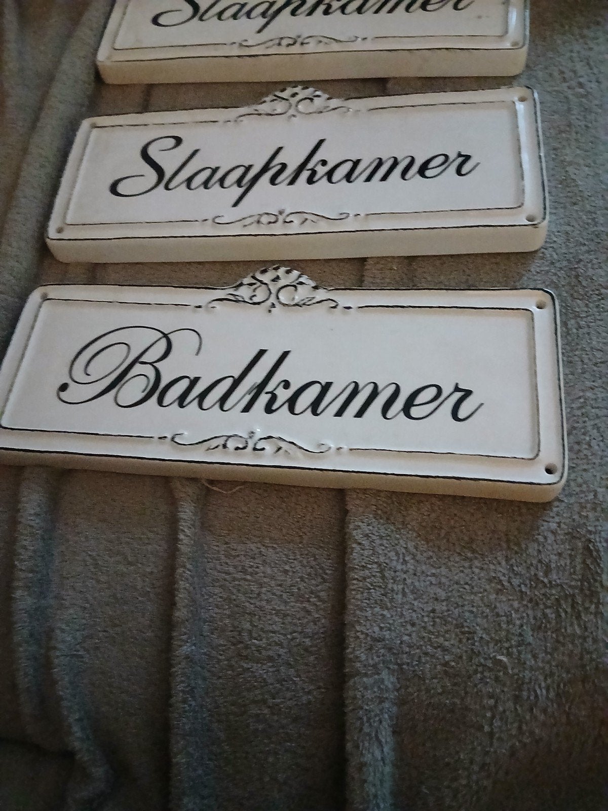 Emaille bordjes 'Slaapkamer' en 'Badkamer' - Vintage stijl, Antiek en Kunst, Ophalen