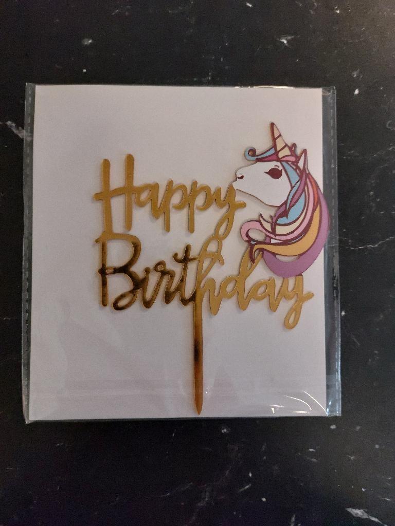 Taart topper Eenhoorn Happy Birthday goud nieuw, Ophalen of Verzenden, Nieuw, Taarten, Versiering