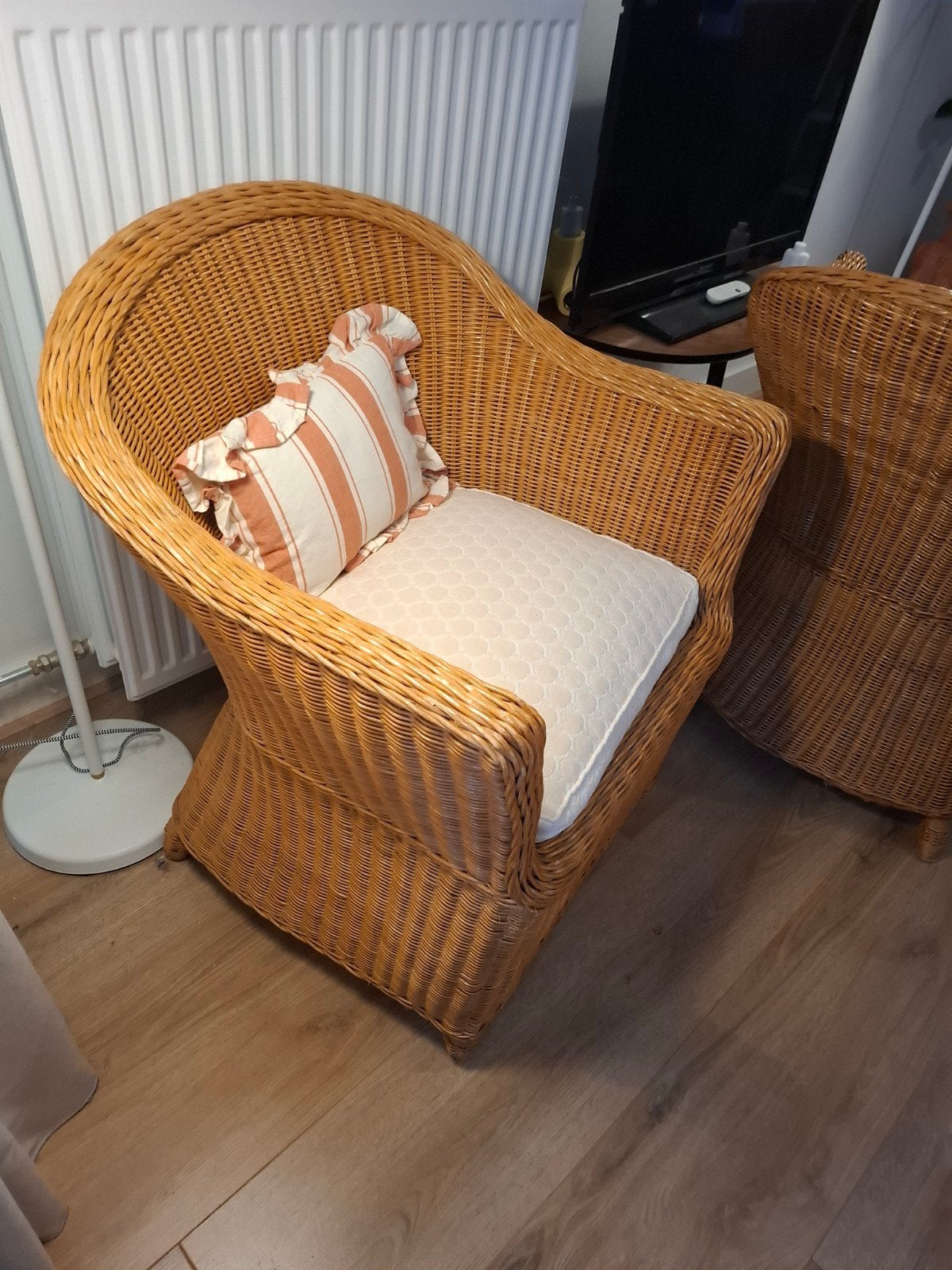 Twee rieten fauteuils inclusief kussens, Gebruikt, Minder dan 75 cm, 50 tot 75 cm, Stof