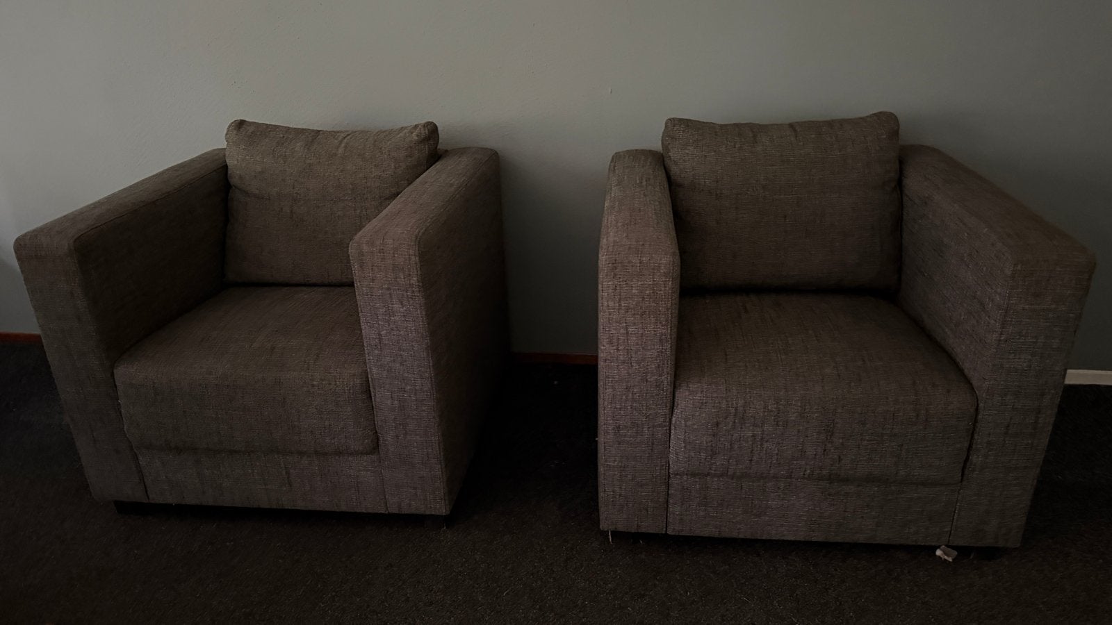 Hoek bank met hocker en Twee Fauteuils - Grijs Stof, Ophalen, Gebruikt, Stof