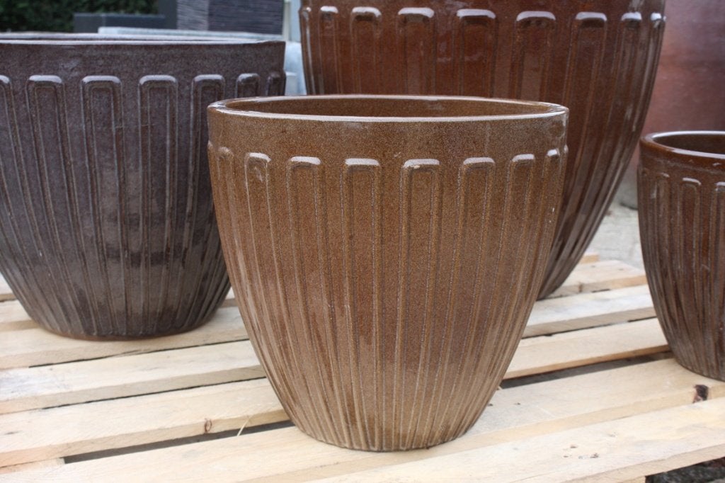 Geglazuurde aardewerk bloempotten bruin (4 maten) terras, Tuin en Terras, Ophalen, 40 cm of meer, Rond, Nieuw