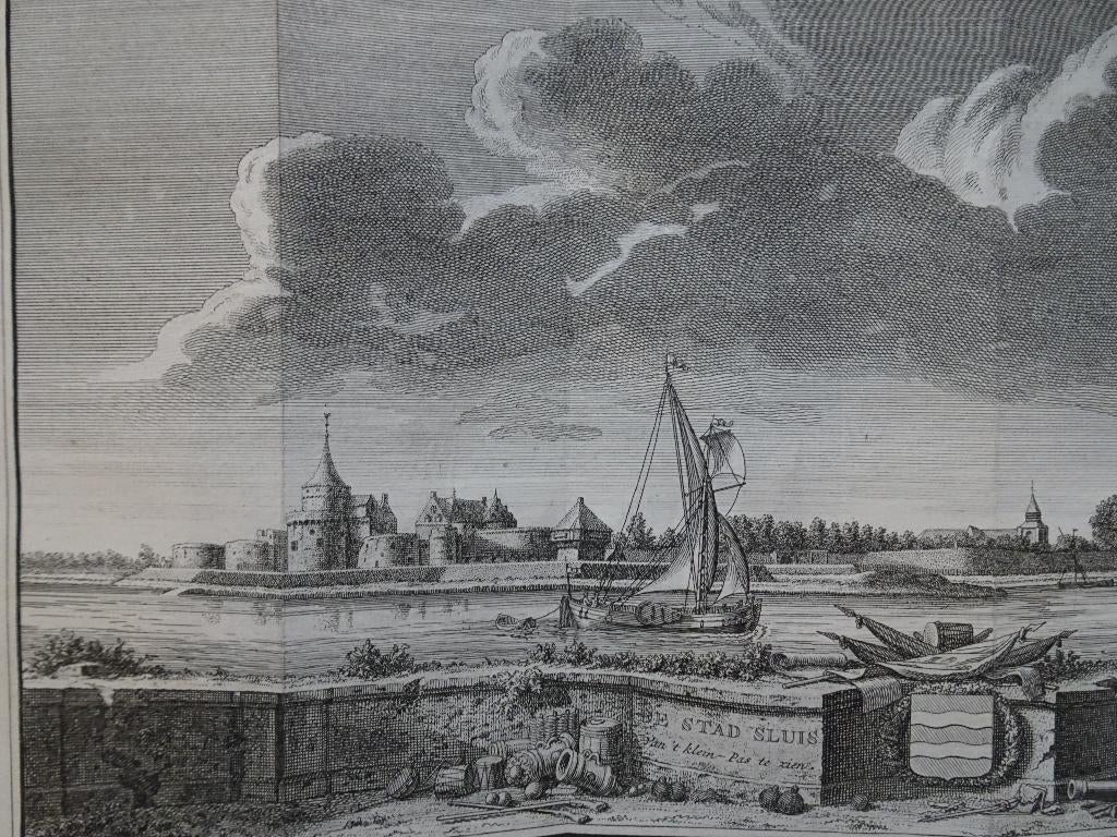 gravure Stad Sluis Zeeuws Vlaanderen Zeeland JC Philips 1745, Verzenden, Stadsgezicht, Gravure, Origineel