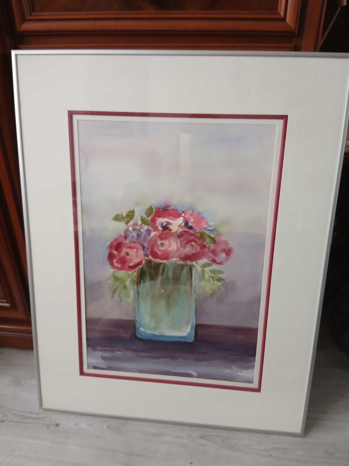 Aquarel Stilleven Bloemen in Vaas - Gesigneerd 'Jopie', Bloemen, Realistisch, Ophalen of Verzenden, Gesigneerd