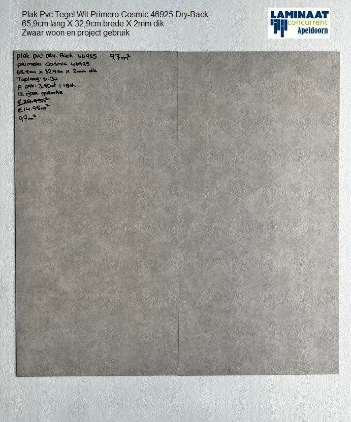 33m2 Plak Pvc Tegel Primero Cosmic light grey 2,5mm dik €295, Huis en Inrichting, Stoffering | Vloerbedekking, Ophalen, Wit, Nieuw