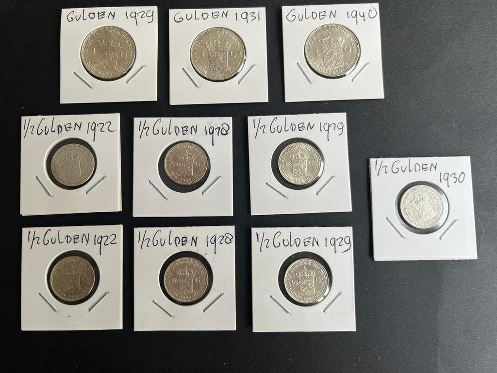 WILHELMINA 3 ZILVEREN GULDENS EN 7 HALVE GULDENS, Postzegels en Munten, Munten | Nederland, 1 gulden, Zilver, Koningin Wilhelmina