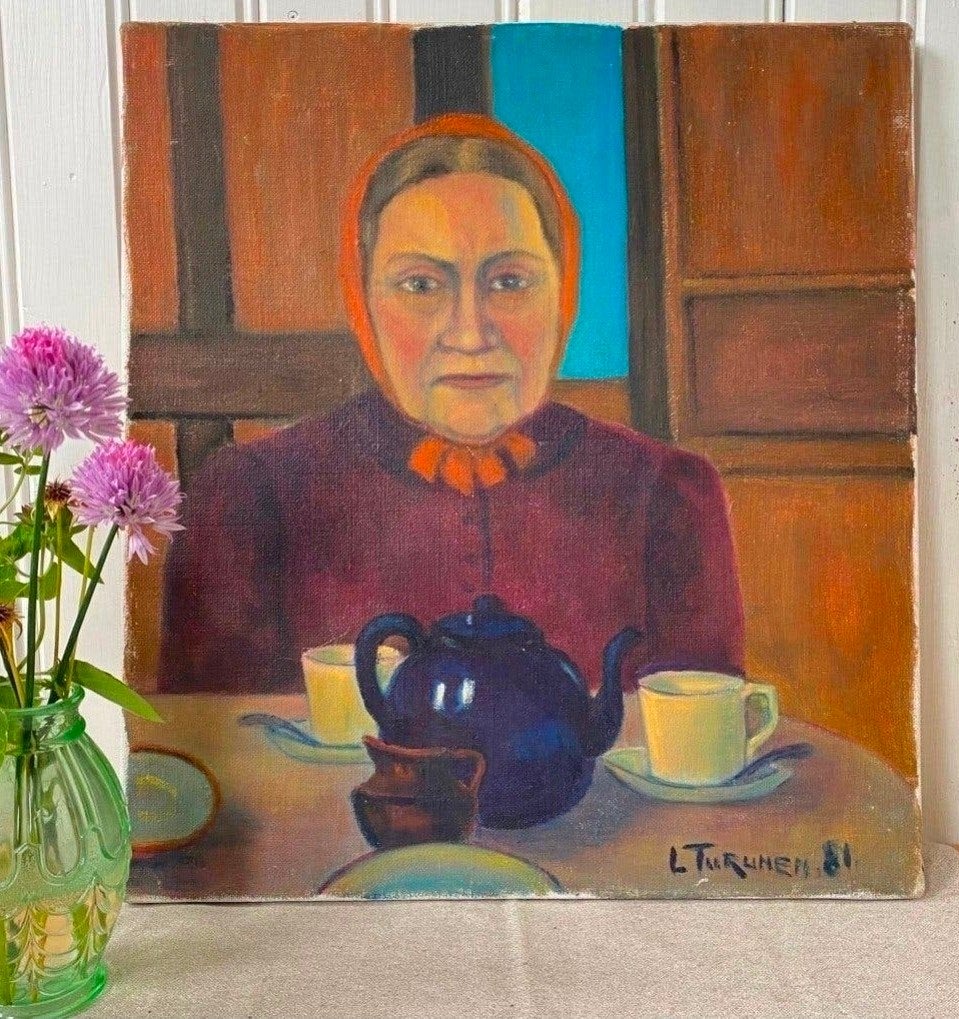 Olieverf Schilderij L. Turunen 1981 - Serieuze Dame, Antiek en Kunst, Kunst | Schilderijen | Klassiek, Overige stijlen, Doek, Portret of Personen