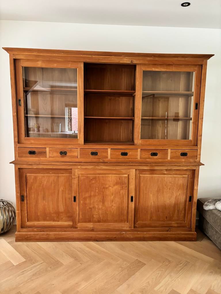 Teakhouten buffetkast / vitrinekast, Ophalen, 25 tot 50 cm, Teakhout, 200 cm of meer