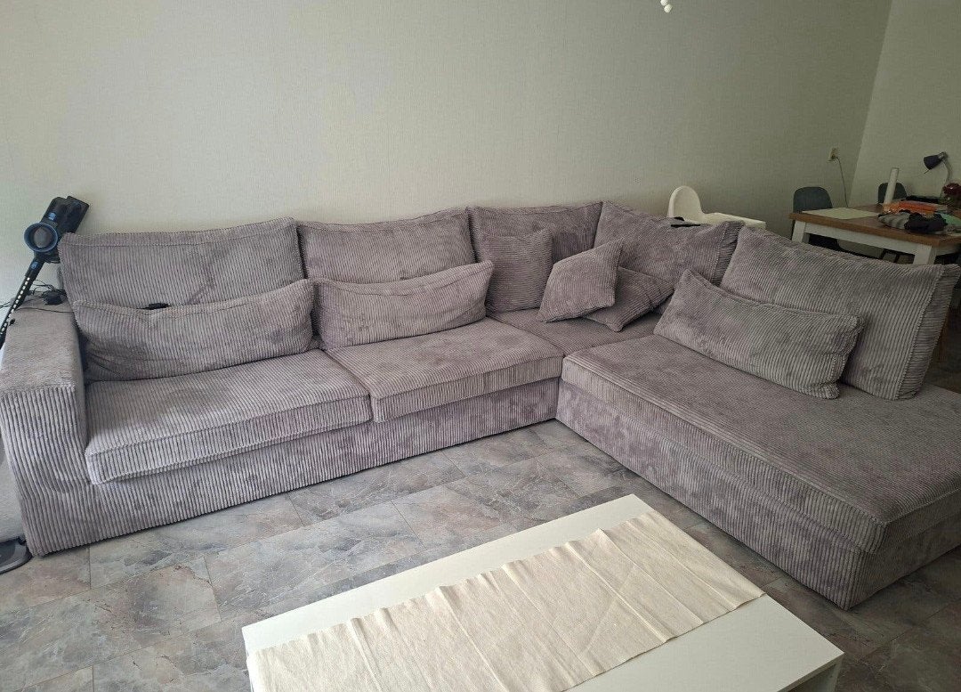 Grijze ribstof hoekbank - comfortabel en ruim, Ophalen, Gebruikt, 100 tot 125 cm, Hoekbank