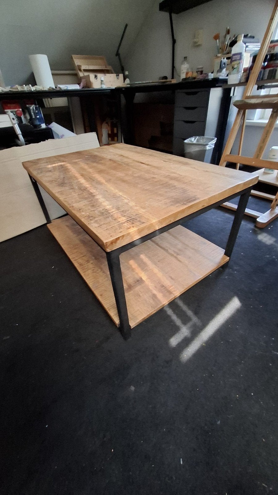 Salontafel van mangohout en zwart metalen frame - 90x60x45, Ophalen, Gebruikt, 50 tot 100 cm, 50 tot 100 cm