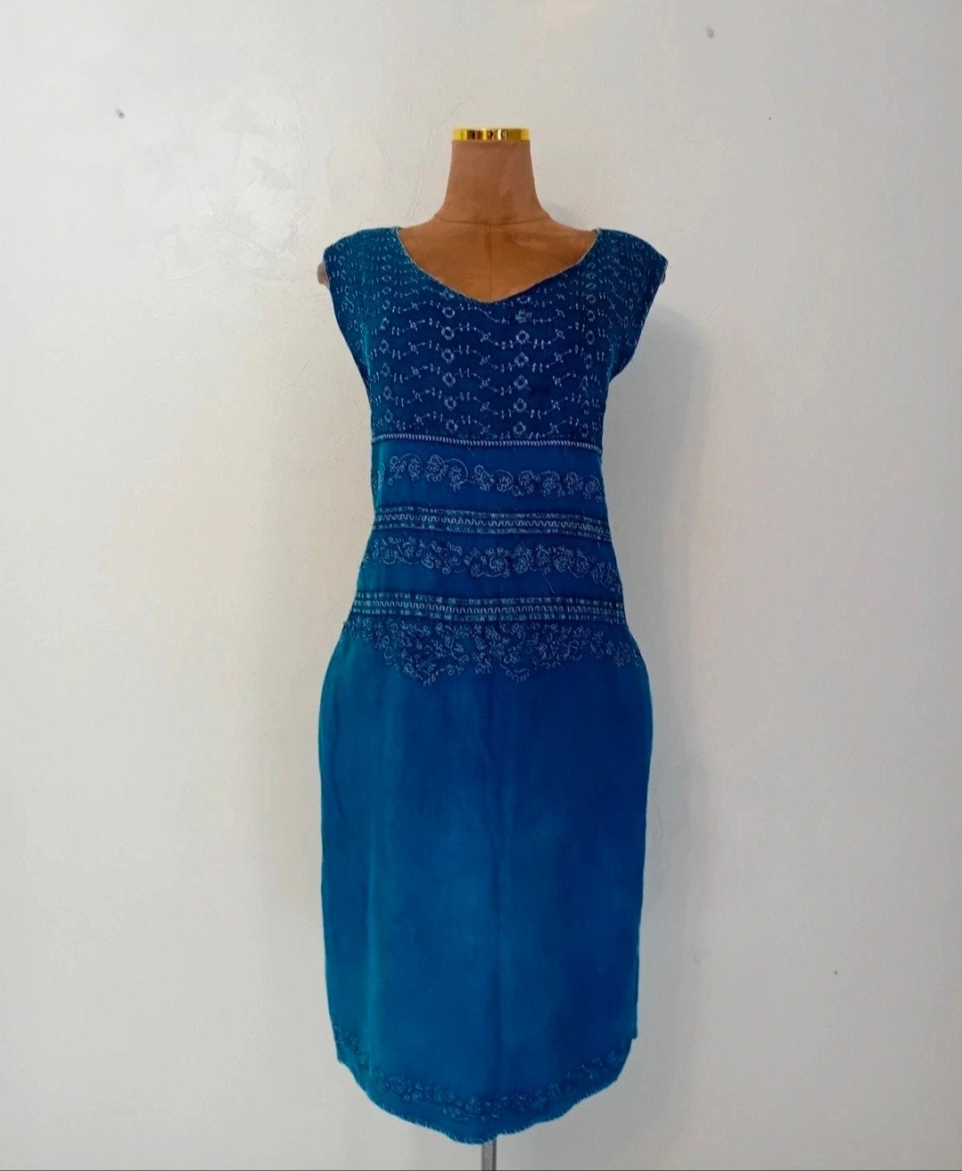 Vintage jurk denimlook 44/46 + nieuwe ketting, Kleding | Dames, Coline, Overige typen, Blauw, Maat 46/48 (XL) of groter