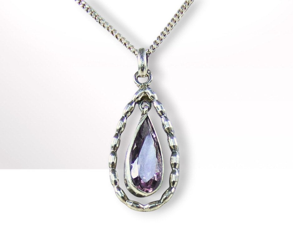 Mooie Art Deco 800 zilveren AMETHIST druppel hanger ketting!